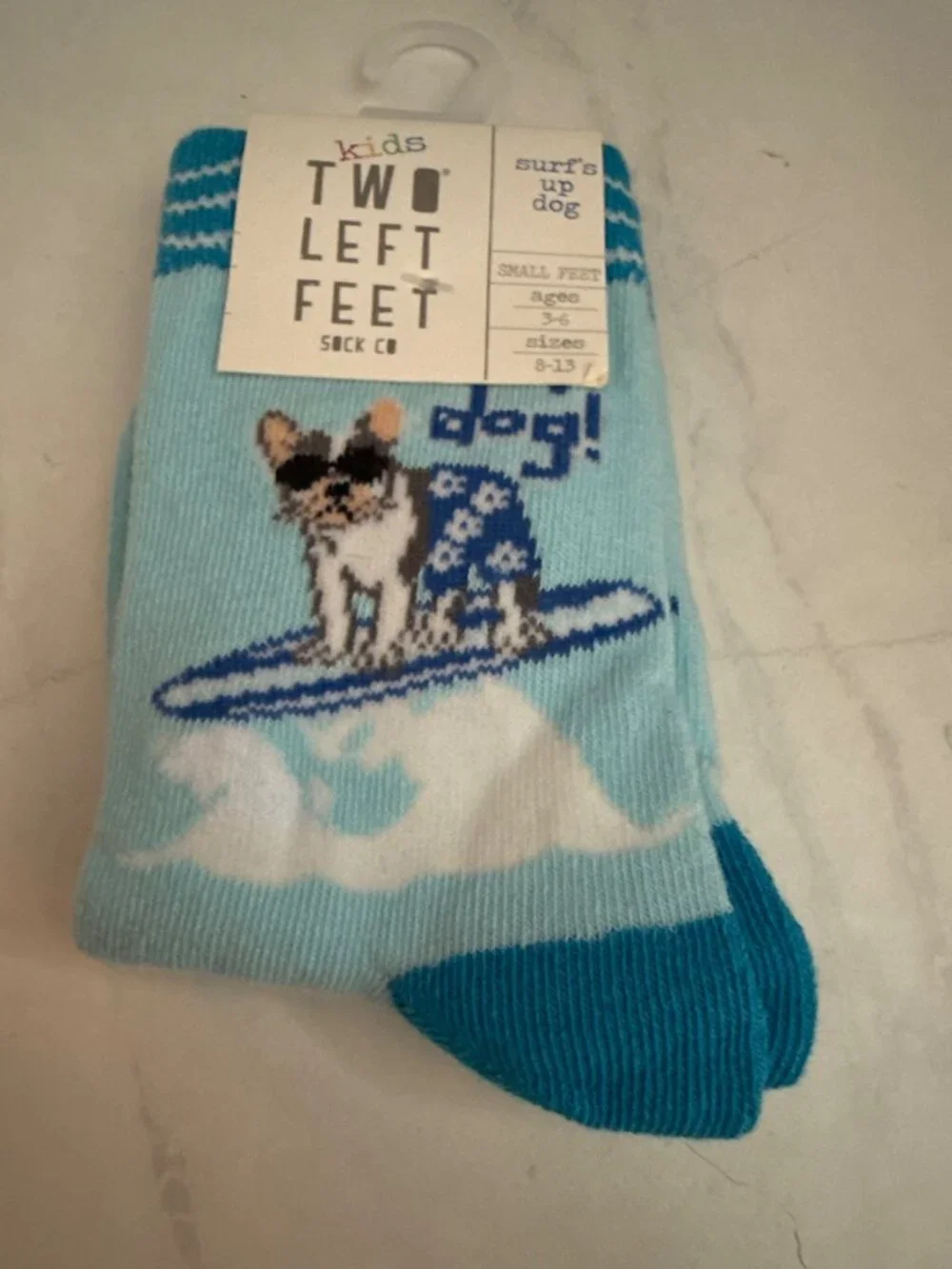 Two Left Feet Kids Surfs Up Dog Socks Ages 3-6 Size 8-13 Blue & White Fun Design